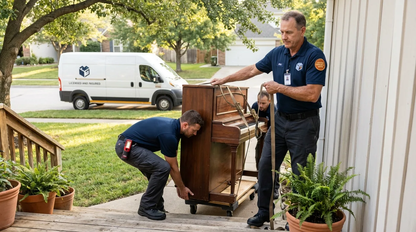 Licensed piano movers securing grand piano in Julian, CA