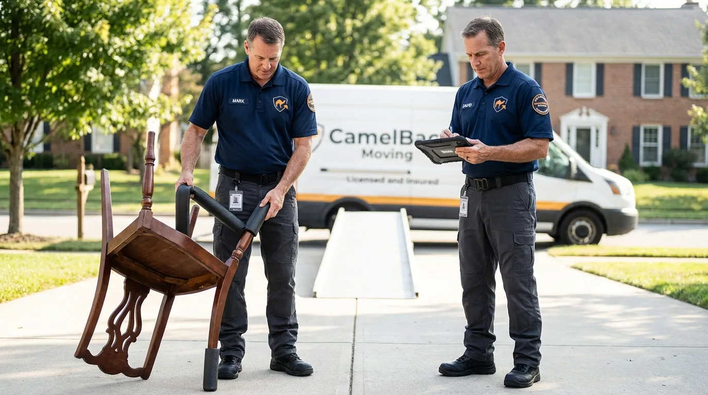Movers inspecting furniture for damage prevention before loading in Julian, CA