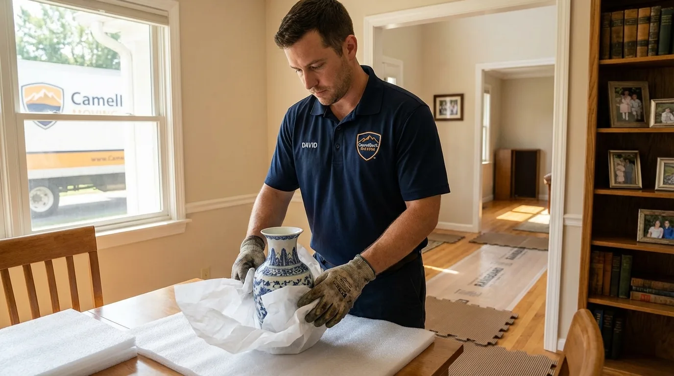 Professional crew carefully wrapping antique vase for senior downsizing move in Julian, CA